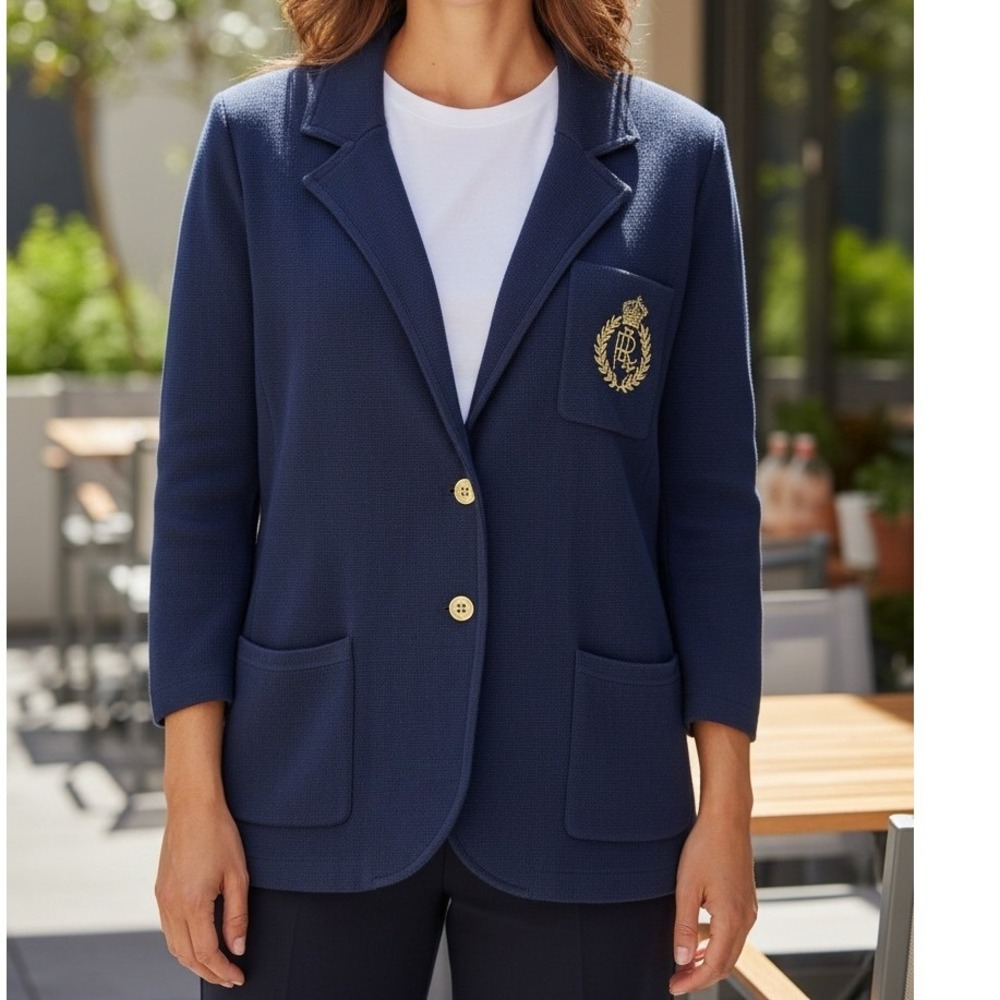 Lauren Ralph Lauren Knit Blazer 2X Navy Blue Excellent Crest Gold Button Bullion